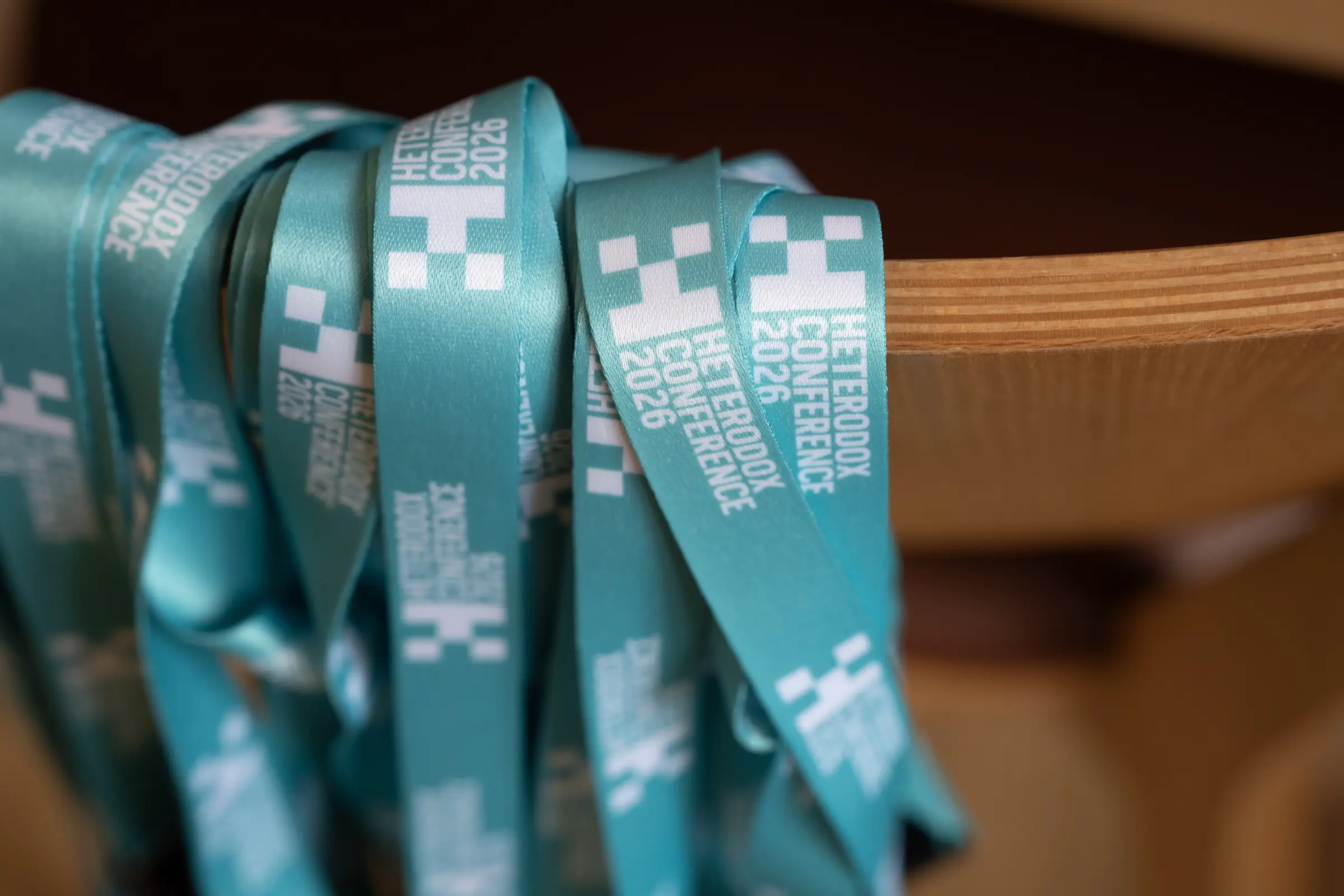 Printed Heterodox Conference 2026 lanyards prepared for delegate registration